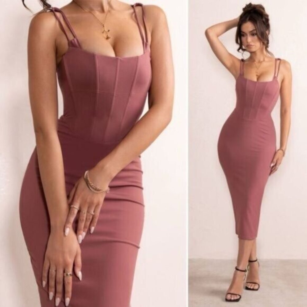 NWT Club L London terracotta square neck corset midi bodycon dress pink 2